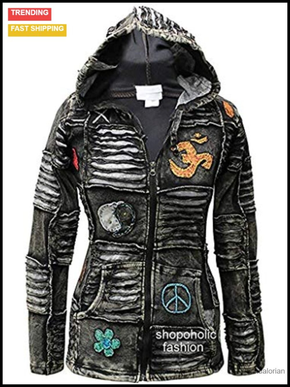 Women Stonewashed Razor Cut Zip Up Hoodie Long Pointed Hood Fleece Cotton